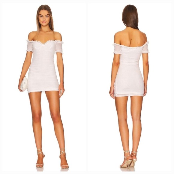 More To Come Dresses & Skirts - More To Come Samantha Off The Shoulder Ruched Mini Dress White Size Small NWT